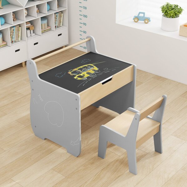 Costway Set tavolo e sedia per bambini con piano rimovibile 2-in-1, Set scrivania in legno con spazio di archiviazione Grigio