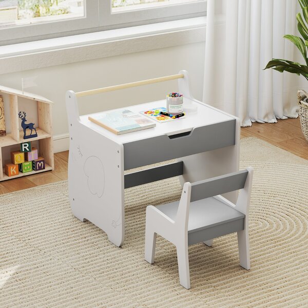 Costway Set tavolo e sedia per bambini con piano rimovibile 2-in-1, Set scrivania in legno con spazio di archiviazione Grigio e Bianco