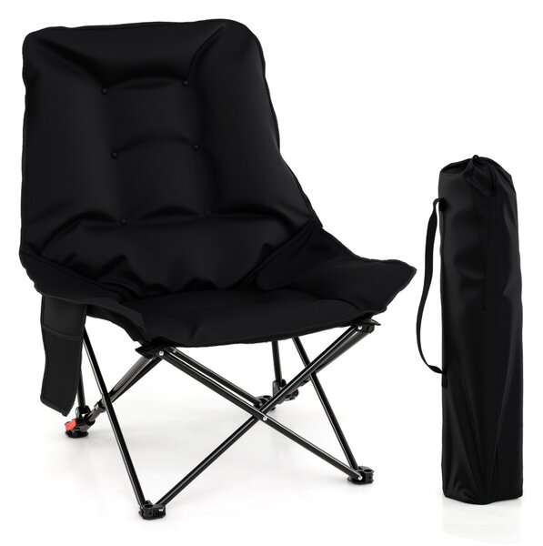 Costway Sedia pieghevole imbottita con schienale regolabile e tasca laterale carico massimo 150 kg, Sedia da campeggio portatile Nero