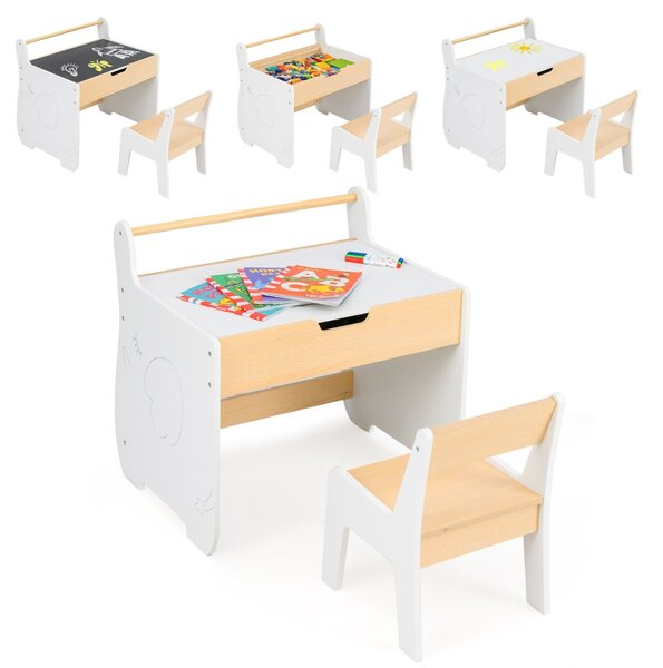 Costway Set tavolo e sedia per bambini con piano rimovibile 2-in-1, Set scrivania in legno con spazio di archiviazione Bianco