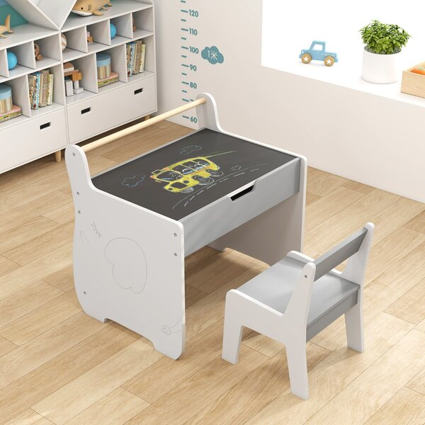 Costway Set tavolo e sedia per bambini con piano rimovibile 2-in-1, Set scrivania in legno con spazio di archiviazione Grigio e Bianco
