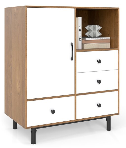 Costway Mobile contenitore moderno metà secolo con 4 cassetti e scomparto aperto, Buffet sideboard in metallo robuste per soggiorno Bianco