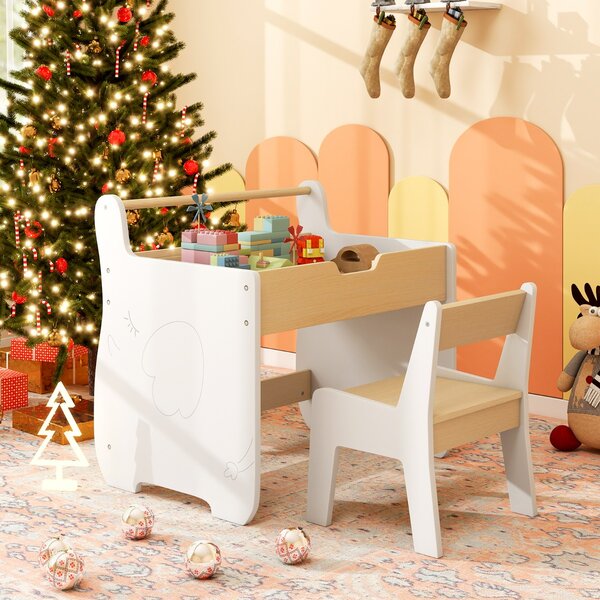 Costway Set tavolo e sedia per bambini con piano rimovibile 2-in-1, Set scrivania in legno con spazio di archiviazione Bianco