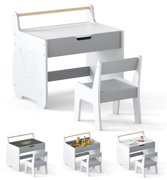 Costway Set tavolo e sedia per bambini con piano rimovibile 2-in-1, Set scrivania in legno con spazio di archiviazione Grigio e Bianco