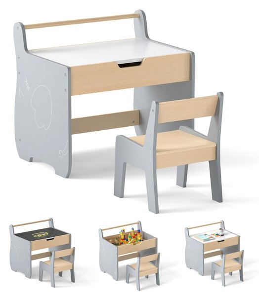 Costway Set tavolo e sedia per bambini con piano rimovibile 2-in-1, Set scrivania in legno con spazio di archiviazione Grigio