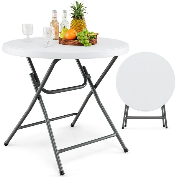 Costway Tavolo tondo pieghevole da 81 cm con piano HDPE e gambe in metallo, Tavolo in plastica per esterno e interno Bianco
