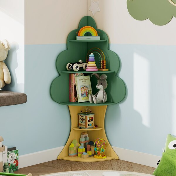 Costway Libreria ad albero per bambini con sistema anti-ribaltamento, Libreria angolare salvaspazio per sala giochi e asilo Verde