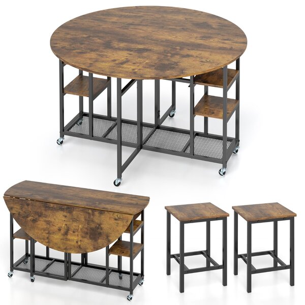 Costway Tavolo da cucina rotondo con ampio piano e 2 sgabelli sala da pranzo, Set da pranzo pieghevole a 3 pezzi per soggiorno Marrone