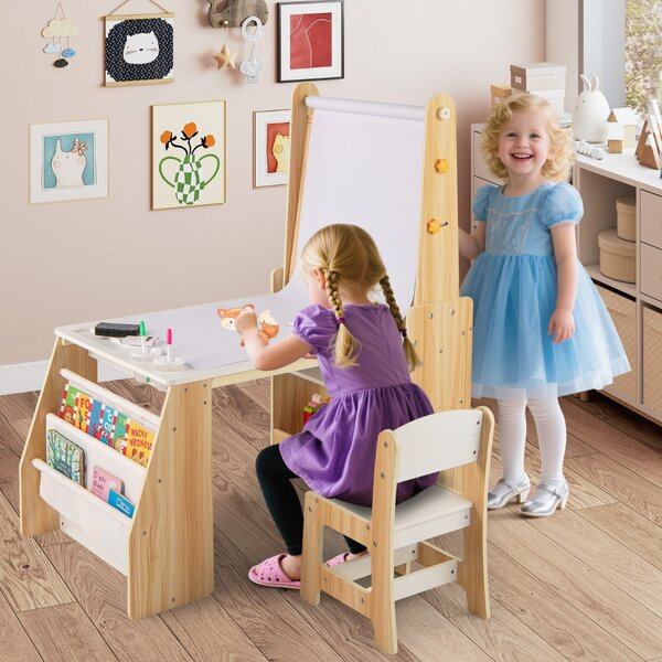 Costway Tavolo da attività multifunzionale con lavagna e sedia lavagna bianca, Set tavolo e sedia per bambini 2 ripiani rotolo di carta Naturale