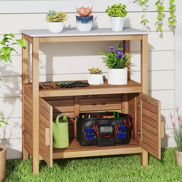 Costway Tavolo da lavoro per giardinaggio con piano in resina e scaffale, Banco da lavoro con porte a persiana per patio Naturale