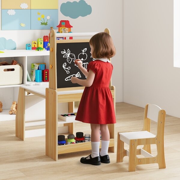 Costway Tavolo da attività multifunzionale con lavagna e sedia lavagna bianca, Set tavolo e sedia per bambini 2 ripiani rotolo di carta Naturale