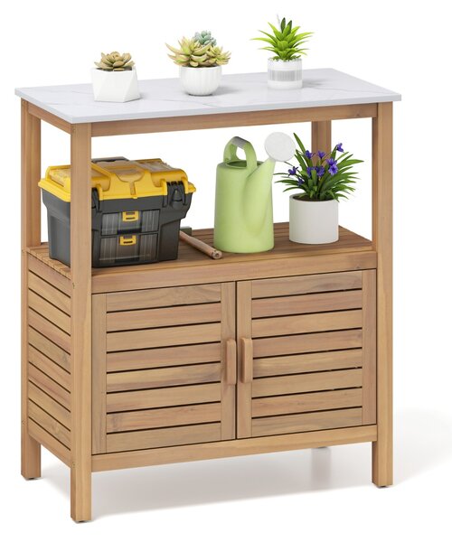 Costway Tavolo da lavoro per giardinaggio con piano in resina e scaffale, Banco da lavoro con porte a persiana per patio Naturale