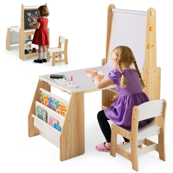 Costway Tavolo da attività multifunzionale con lavagna e sedia lavagna bianca, Set tavolo e sedia per bambini 2 ripiani rotolo di carta Naturale