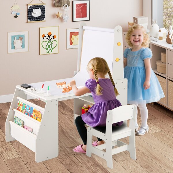 Costway Tavolo da attività multifunzionale con lavagna e sedia lavagna bianca, Set tavolo e sedia per bambini 2 ripiani rotolo di carta Grigio