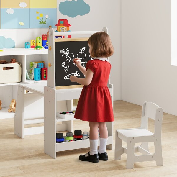 Costway Tavolo da attività multifunzionale con lavagna e sedia lavagna bianca, Set tavolo e sedia per bambini 2 ripiani rotolo di carta Grigio