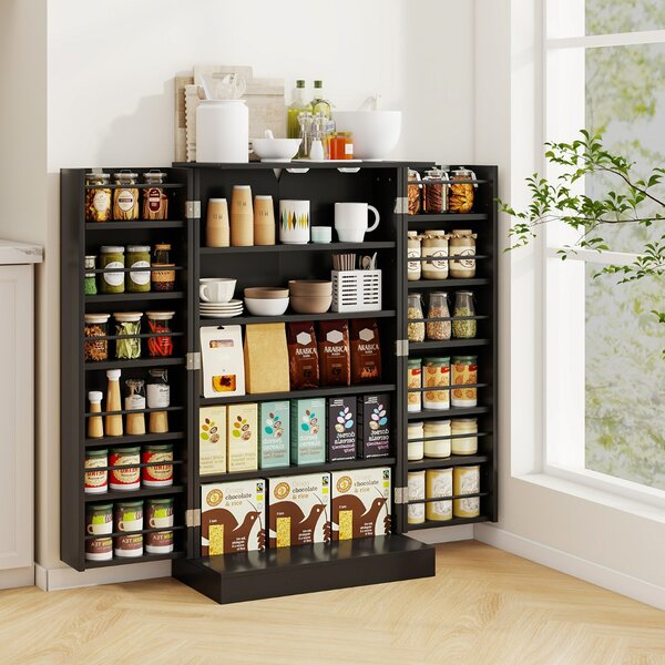 Costway Armadietto dispensa alto 104 cm con ante e ripiani regolabili, Credenza autoportante per sala da pranzo e soggiorno Nero