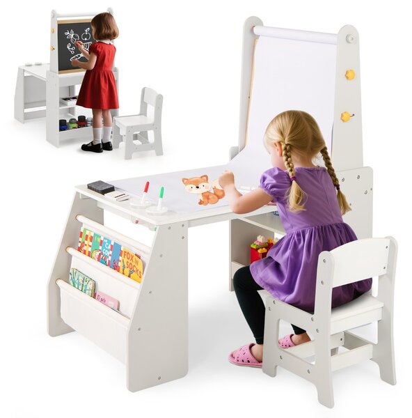 Costway Tavolo da attività multifunzionale con lavagna e sedia lavagna bianca, Set tavolo e sedia per bambini 2 ripiani rotolo di carta Grigio