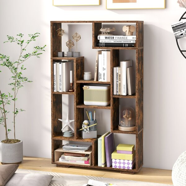 Costway Scaffale per libri alto 120cm con ripiani aperti, Libreria geometrica con kit anti-ribaltamento per casa ufficio Marrone