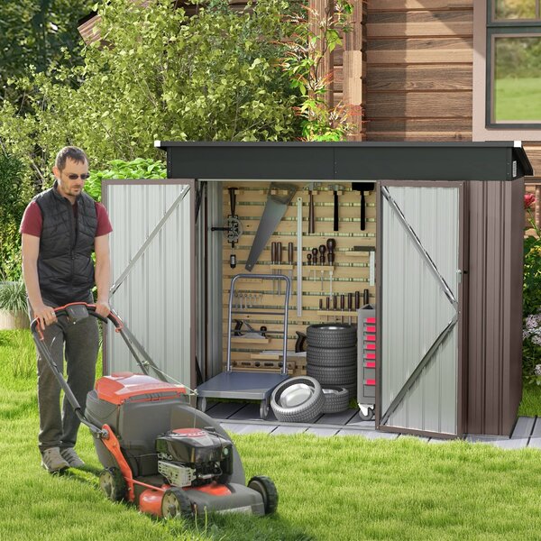 Costway Capannone da giardino per stoccaggio con design a tetto inclinato, Casa per attrezzi da giardino con 2 porte Grigio chiaro