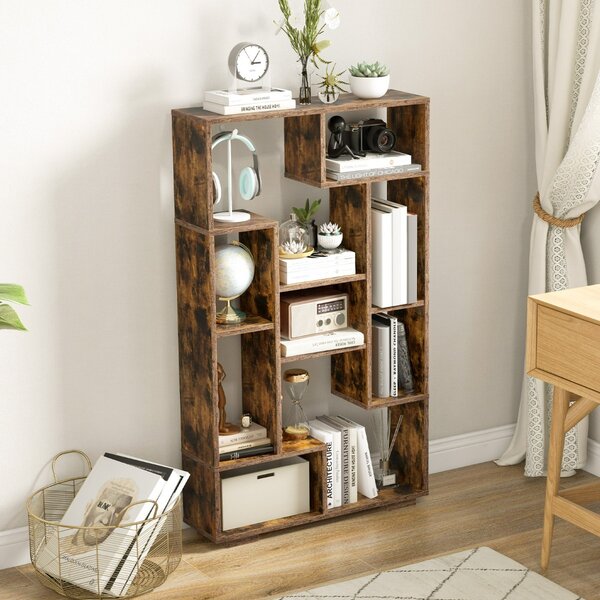 Costway Scaffale per libri alto 120cm con ripiani aperti, Libreria geometrica con kit anti-ribaltamento per casa ufficio Marrone