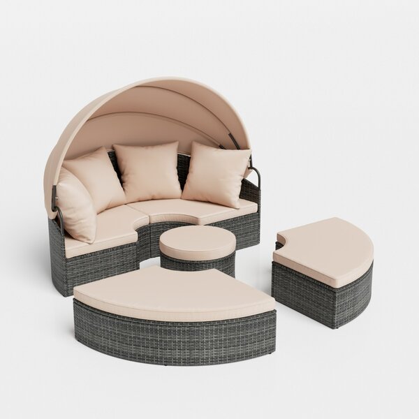 Costway Poltrona letto rotonda per esterni con tettuccio retrattile e cuscini, Lettino da esterno per piscina e cortile Beige