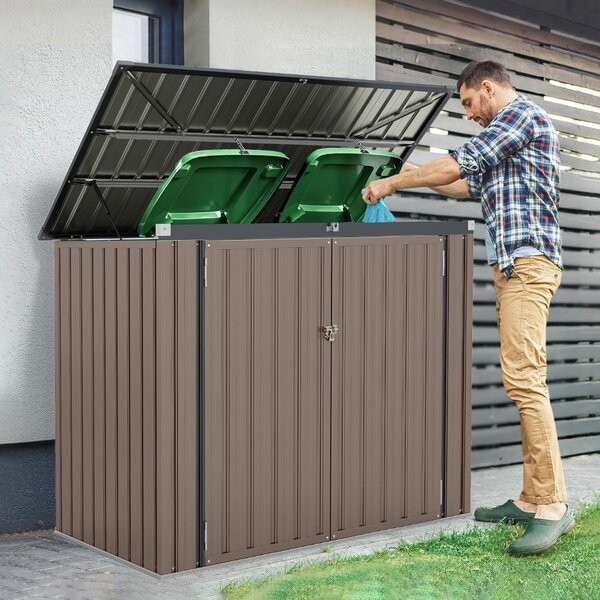Costway Casetta per riporre la spazzatura bloccabile con doppie aperture, Organizzatore di stoccaggio per cortile Grigio chiaro