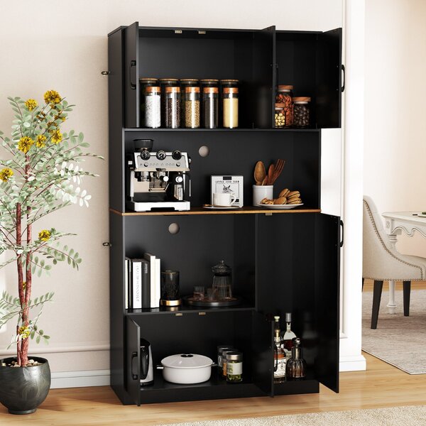 Costway Credenza autoportante con supporto per microonde sala da pranzo in legno per cucina, Armadio dispensa alto 180 cm con presa Nero