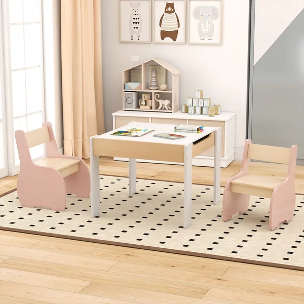 Costway Tavolo sedie ragazzi lavagna rimovibile e scaffale bambini legno 2 livelli, Set tavolo sedie bambini e libreria legno bambini