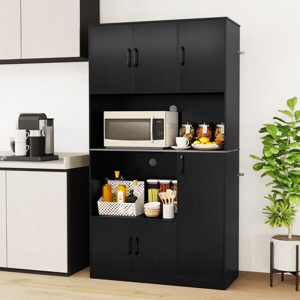 Costway Credenza autoportante con supporto per microonde sala da pranzo in legno per cucina, Armadio dispensa alto 180 cm con presa Nero