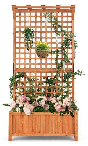 Costway Fioriera in legno da interno esterno con fori di scarico per piante rampicanti viti fiori, Fioriera da esterno con grigliato e tettuccio Naturale