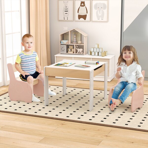 Costway Set di tavolo e sedie per bambini con deposito lavagna rimovibile, Set di mobili 3 PCS per ragazzi e ragazze Rosa