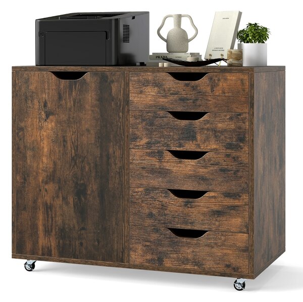 Costway Mobiletto con 5 cassetti e anta per ufficio a casa, Carrello con ripiano regolabile e 5 rotelle Marrone