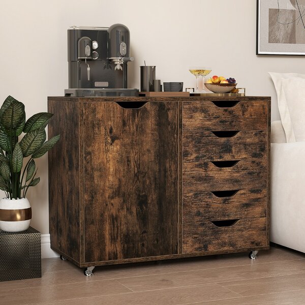Costway Mobiletto con 5 cassetti e anta per ufficio a casa, Carrello con ripiano regolabile e 5 rotelle Marrone