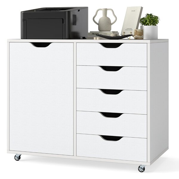 Costway Mobiletto con 5 cassetti e anta per ufficio a casa, Carrello con ripiano regolabile e 5 rotelle Bianco