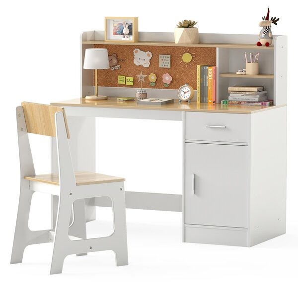 Costway Set scrivania e sedia per studenti con mensole e cassetto, Tavolo e sedia per camera da letto e asilo nido Naturale