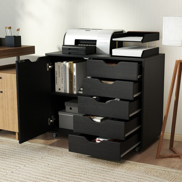 Costway Mobiletto con 5 cassetti e anta per ufficio a casa, Carrello con ripiano regolabile e 5 rotelle Nero