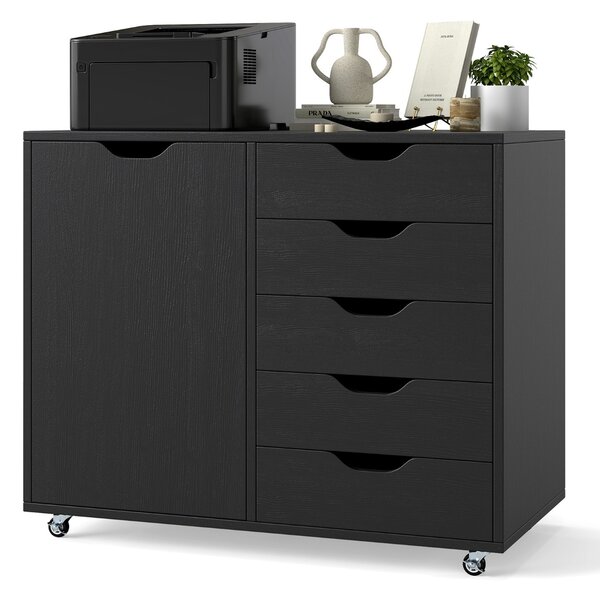 Costway Mobiletto con 5 cassetti e anta per ufficio a casa, Carrello con ripiano regolabile e 5 rotelle Nero