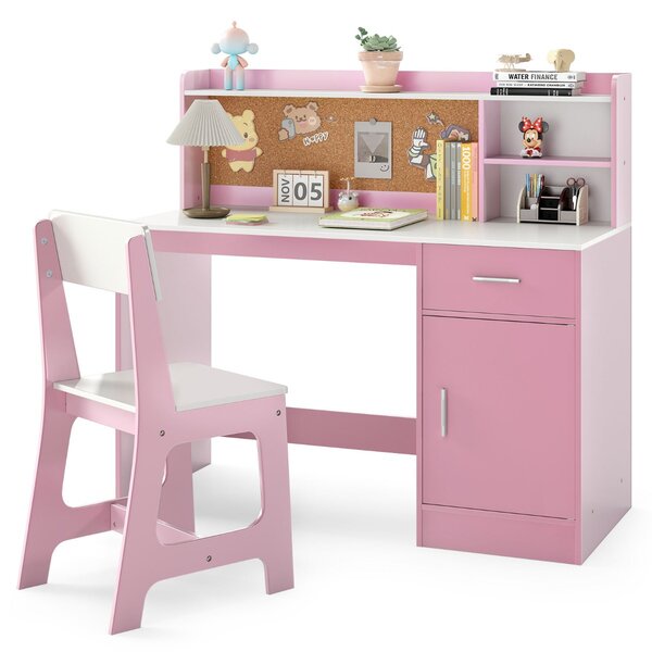 Costway Set scrivania e sedia per studenti con mensole e cassetto, Tavolo e sedia per camera da letto e asilo nido Rosa