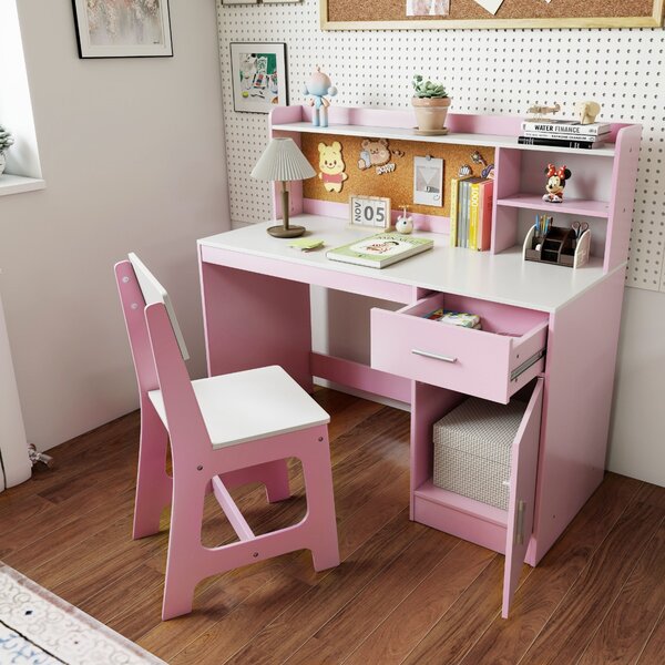 Costway Set scrivania e sedia per studenti con mensole e cassetto, Tavolo e sedia per camera da letto e asilo nido Rosa
