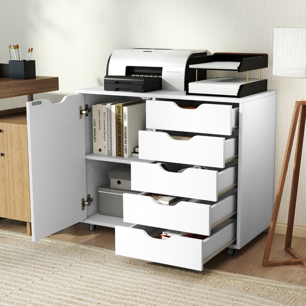 Costway Mobiletto con 5 cassetti e anta per ufficio a casa, Carrello con ripiano regolabile e 5 rotelle Bianco