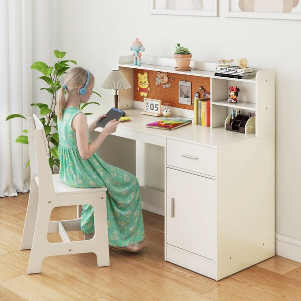 Costway Set scrivania e sedia per studenti con mensole e cassetto, Tavolo e sedia per camera da letto e asilo nido Bianco