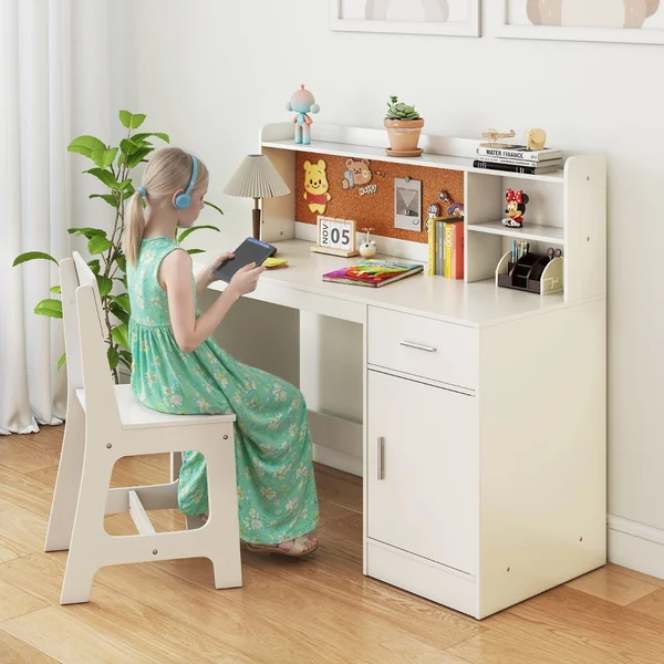 Costway Set scrivania e sedia per studenti con mensole e cassetto, Tavolo e sedia per camera da letto e asilo nido Bianco