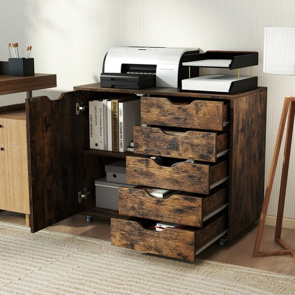 Costway Mobiletto con 5 cassetti e anta per ufficio a casa, Carrello con ripiano regolabile e 5 rotelle Marrone