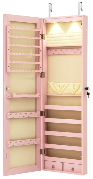 Costway Armadio portagioie con specchio in legno a parete con LED interno 35,5x10x120cm Rosa