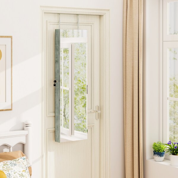 Costway Armadio portagioie con specchio in legno a parete con LED interno 35,5x10x120cm Blu chiaro