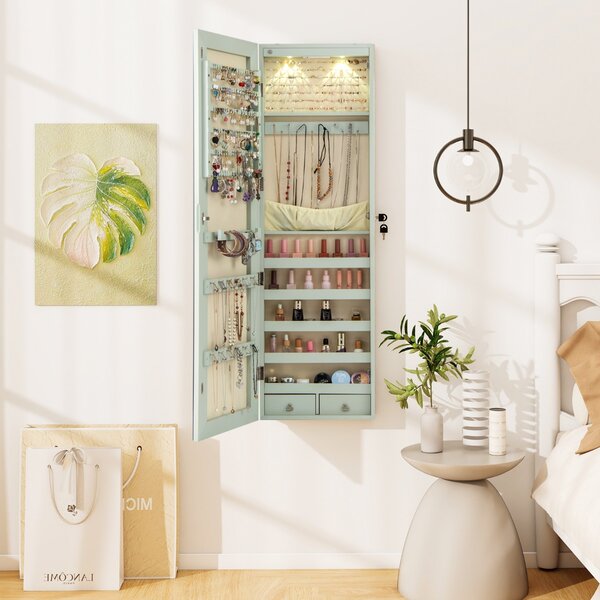 Costway Armadio portagioie con specchio in legno a parete con LED interno 35,5x10x120cm Verde chiaro