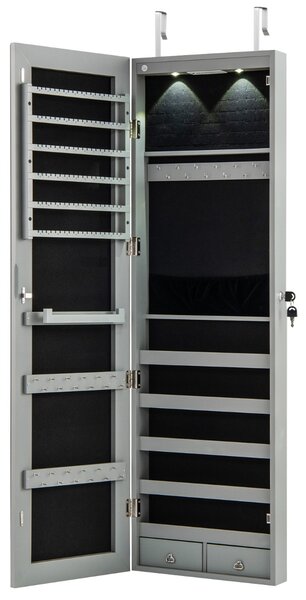 Costway Armadio portagioie con specchio in legno a parete con LED interno 35,5x10x120cm Grigio chiaro