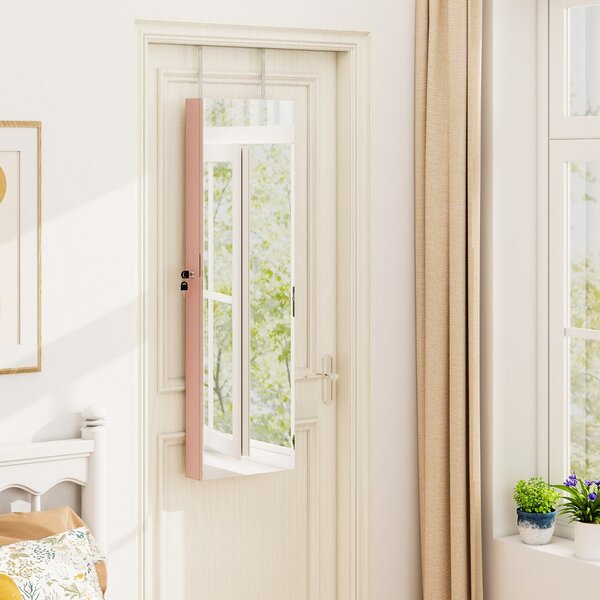 Costway Armadio portagioie con specchio in legno a parete con LED interno 35,5x10x120cm Rosa