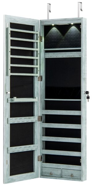 Costway Armadio portagioie con specchio in legno a parete con LED interno 35,5x10x120cm Blu chiaro