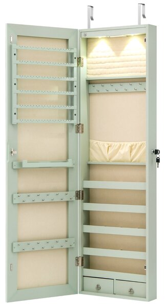 Costway Armadio portagioie con specchio in legno a parete con LED interno 35,5x10x120cm Verde chiaro